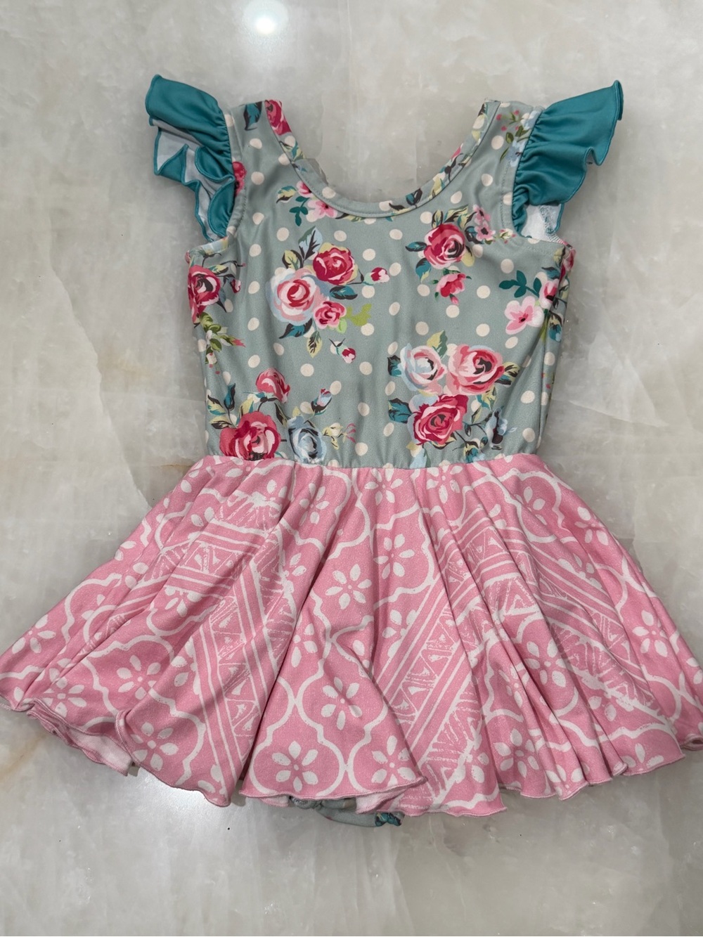 cheeky plum Floral Teal & Pink Twirl Gym Dress with Ruffle Sleeves
